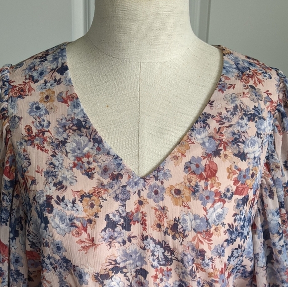 1. State Blouse V-Neck Long Sleeves Sheer Floral Peplum Waist Pink Blues M NWT - Picture 4 of 15